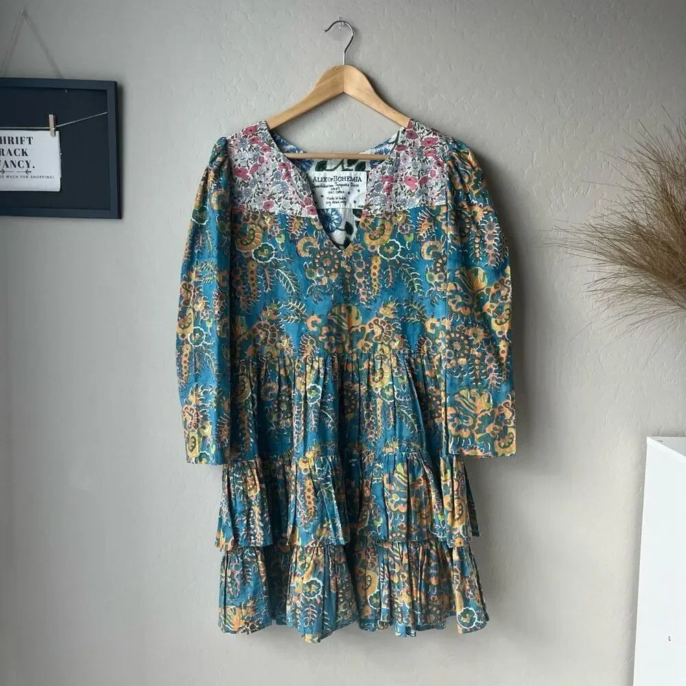 Alix of Bohemia Squash Blossom‎ Turquoise Print Tiered Mini Dress Size Small
